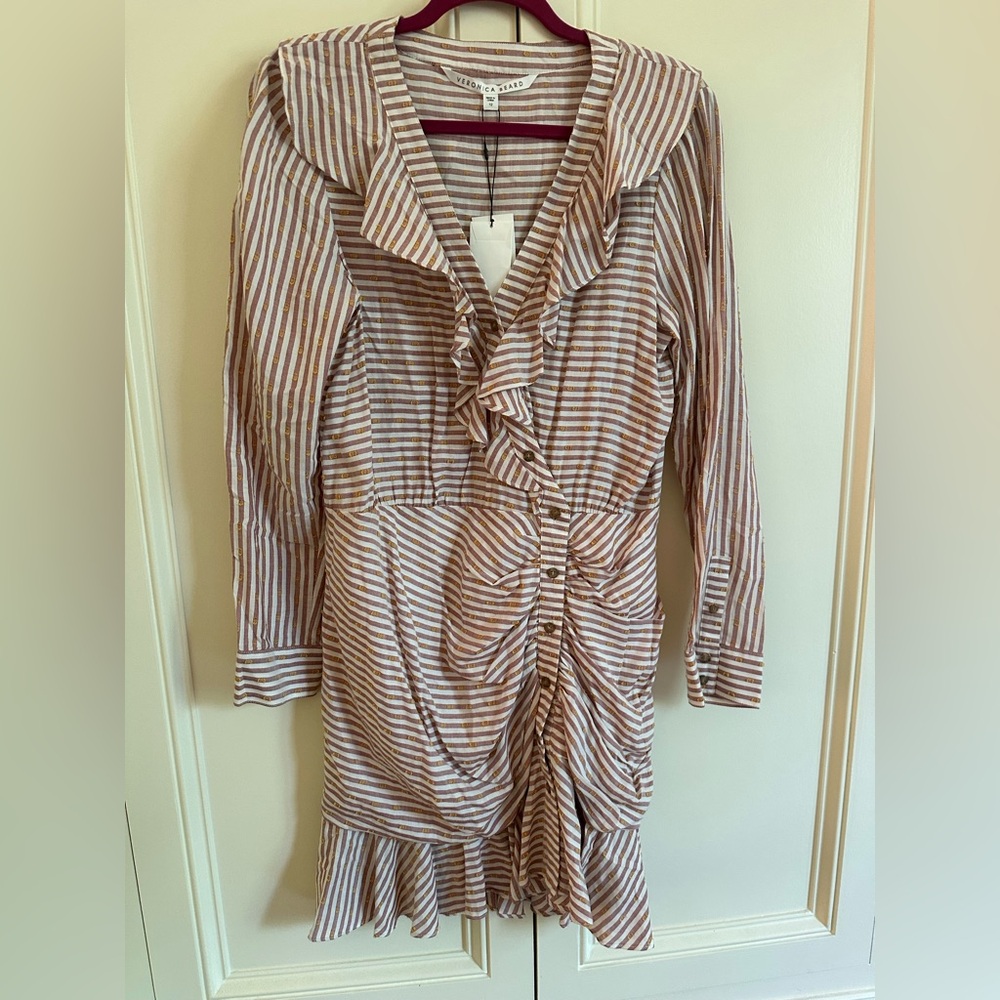 Veronica Beard Kai Red and White Striped Ruffled Shirt Dress